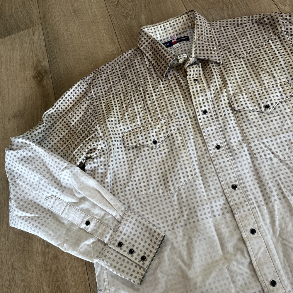 Texas Cotton Men's LS Pearl Snap Shirt Check Hombre Made In USA Size Large‎